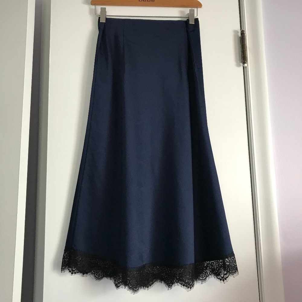 J. Crew Navy Midi Skirt with Black Lace Trim